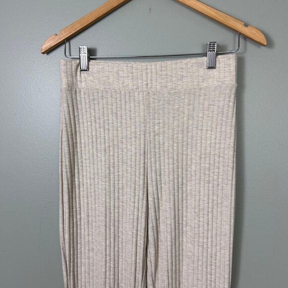 H&M Ribbed Knit Flare Pants Oatmeal Tan High Rise Lightweight Loungewear Small - Picture 4 of 7